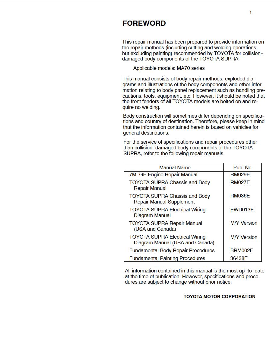 Toyota Supra MA series Body Repair Manual