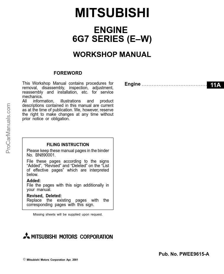Mitsubishi Engine 6g7 E W Series Workshop Manual Pdf Download