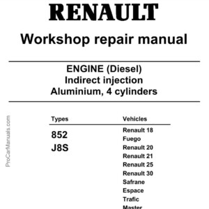 Renault J8S And 852 Engines Workshop Repair Manual (77 11 293 322)
