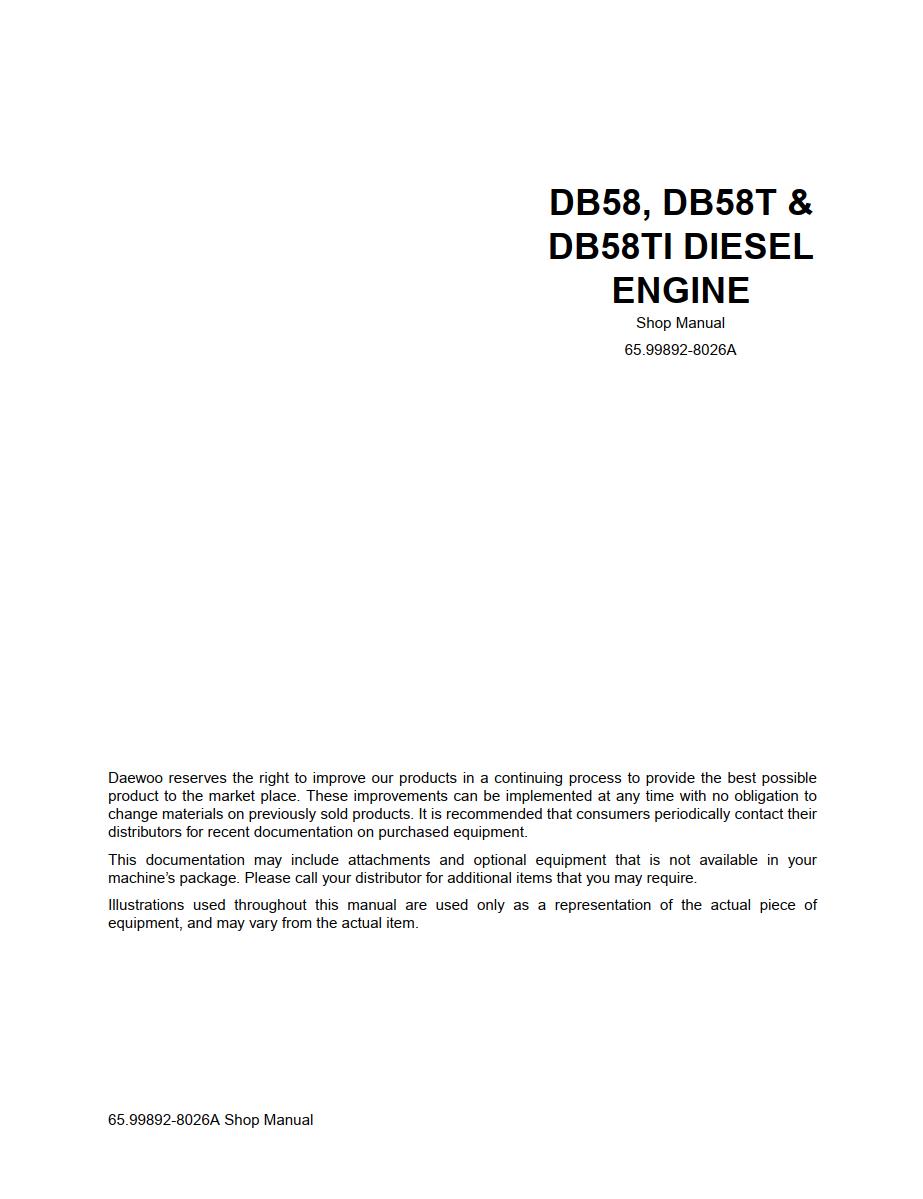 DAEWOO Diesel Engine DB58 DB58T DB58TI MAINTENANCE MANUAL