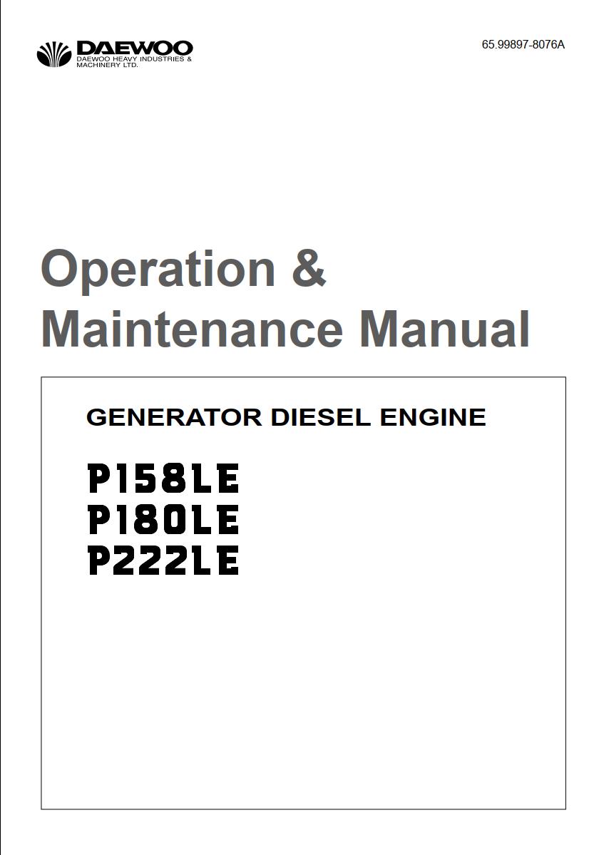 DAEWOO GENERATOR DIESEL ENGINE P158LE P180LE P222LE Operation Maintenance Manual