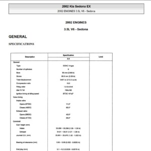 Kia Sedona 3.5L V6 2002 Engine Workshop Manual