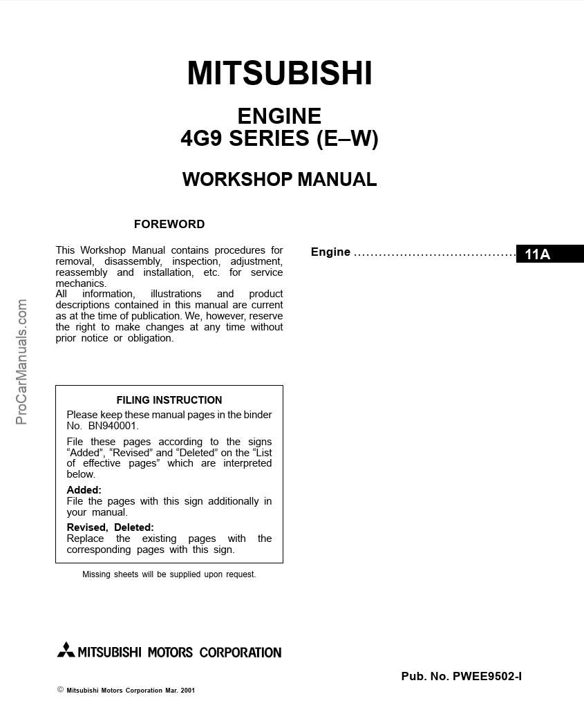 Mitsubishi 4G9 Series (E-W) Engine Repair Manual