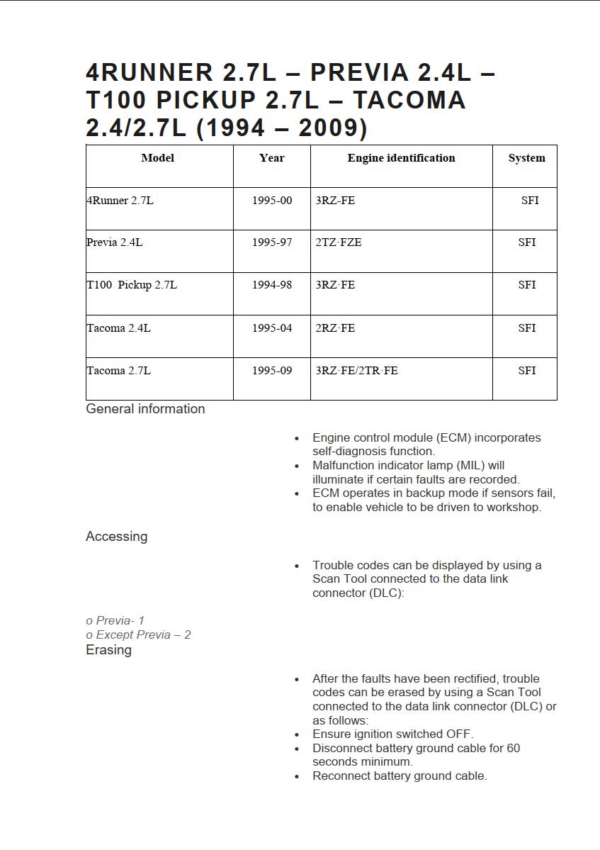 4RUNNER 2.7L PREVIA 2.4L T100 PICKUP 2.7L TACOMA 2.4-2.7L 1994 - 2009 OBD2 Trouble Codes list
