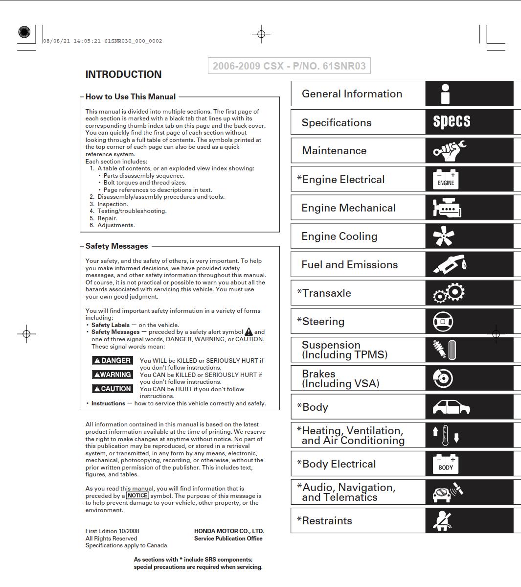 Acura CSX 2006 - 2009 Service Repair Manual – PDF Download