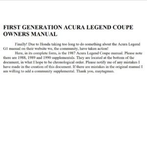 Acura Legend 1988 - 1990 Coupe First Generation Service Repair Manual