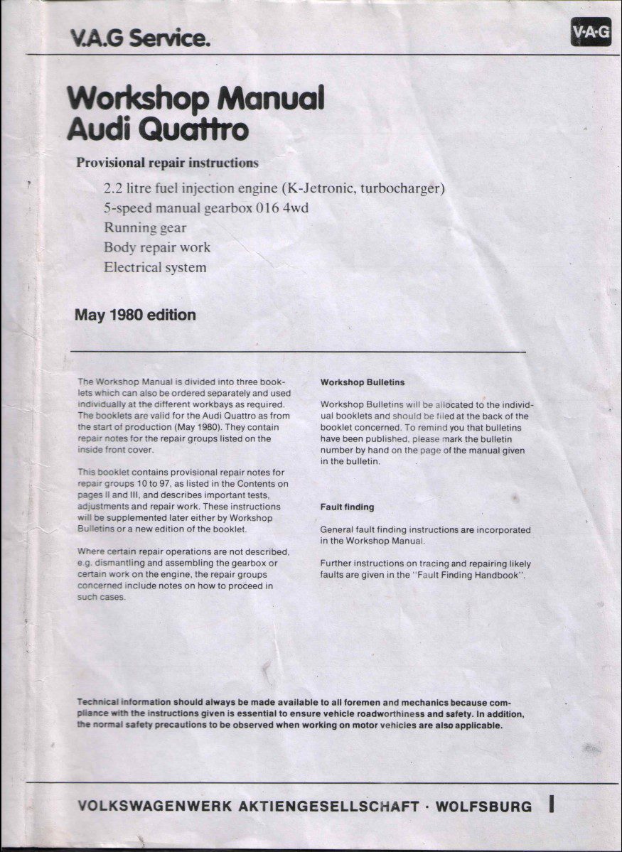 Audi B2 Quattro Typ 85 Service Repair Workshop Manual