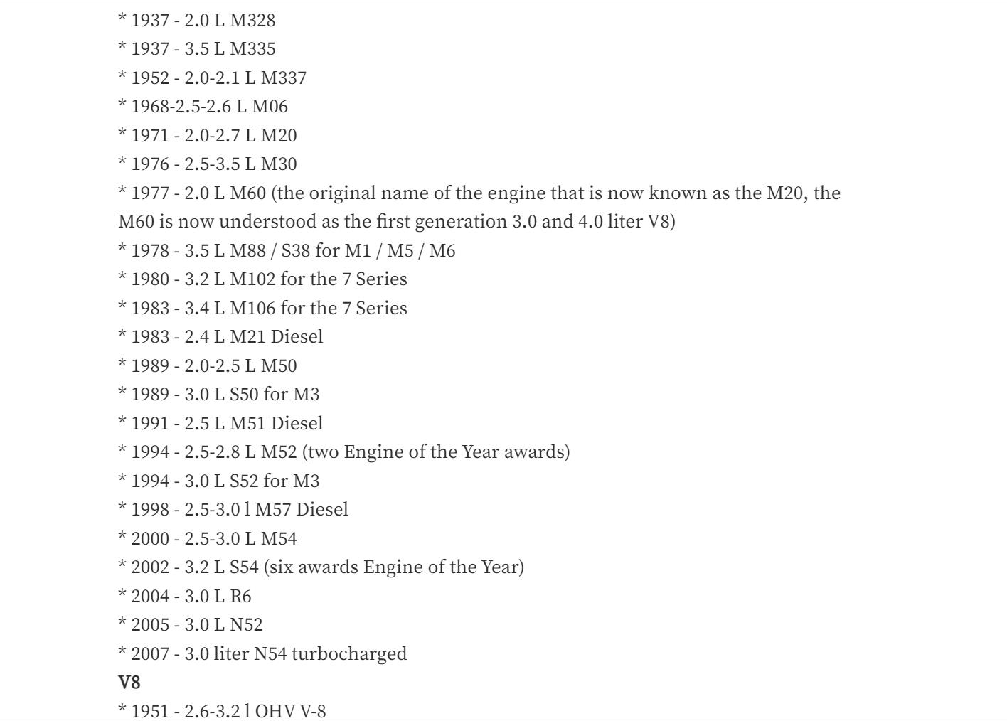 BMW All Engine Codes List