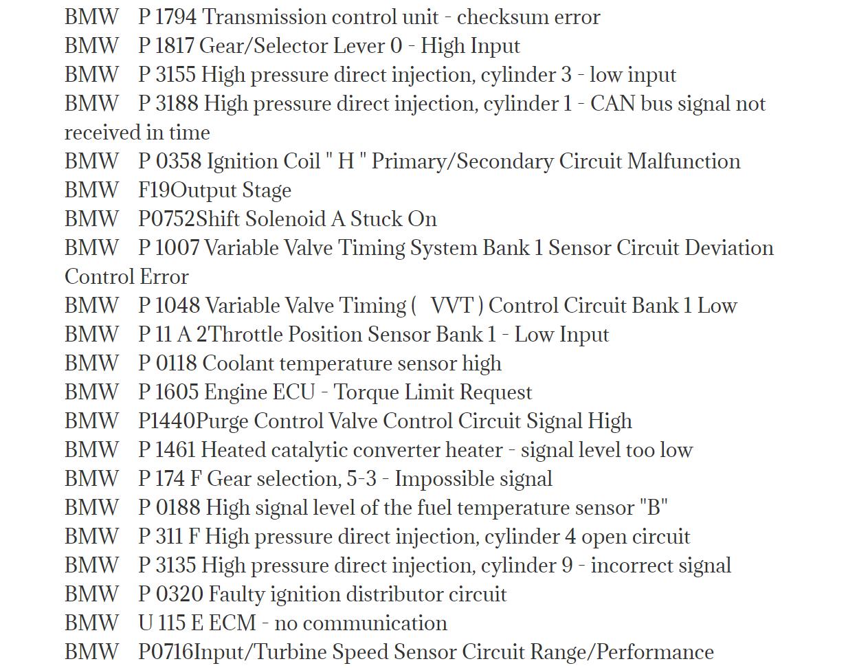 BMW All Fault Codes List PDF Download