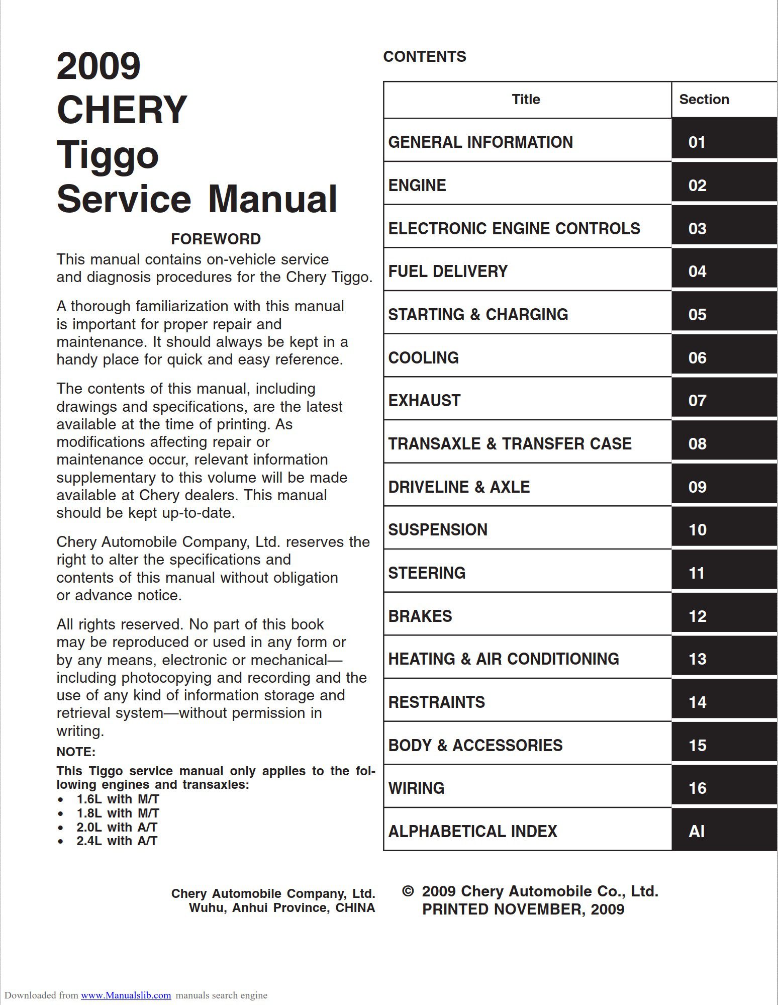 Chery Tiggo 2009 Service Manual