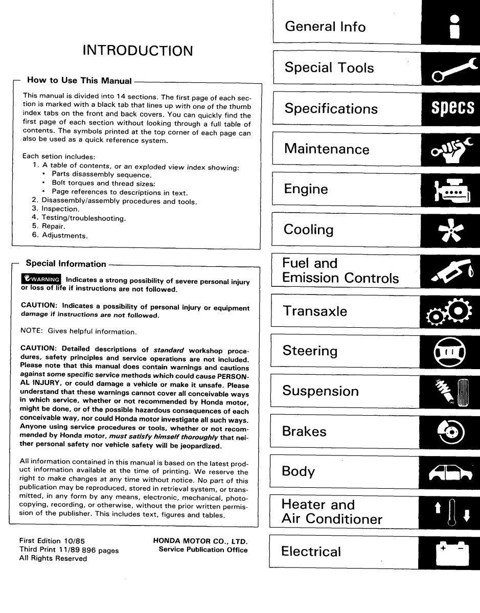 Honda Accord 1986 - 1989 Service Repair Factory Manual