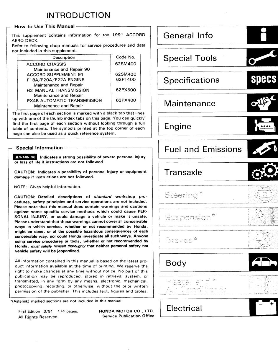 Honda Accord 1991 Aero Deck Service Repair Manual