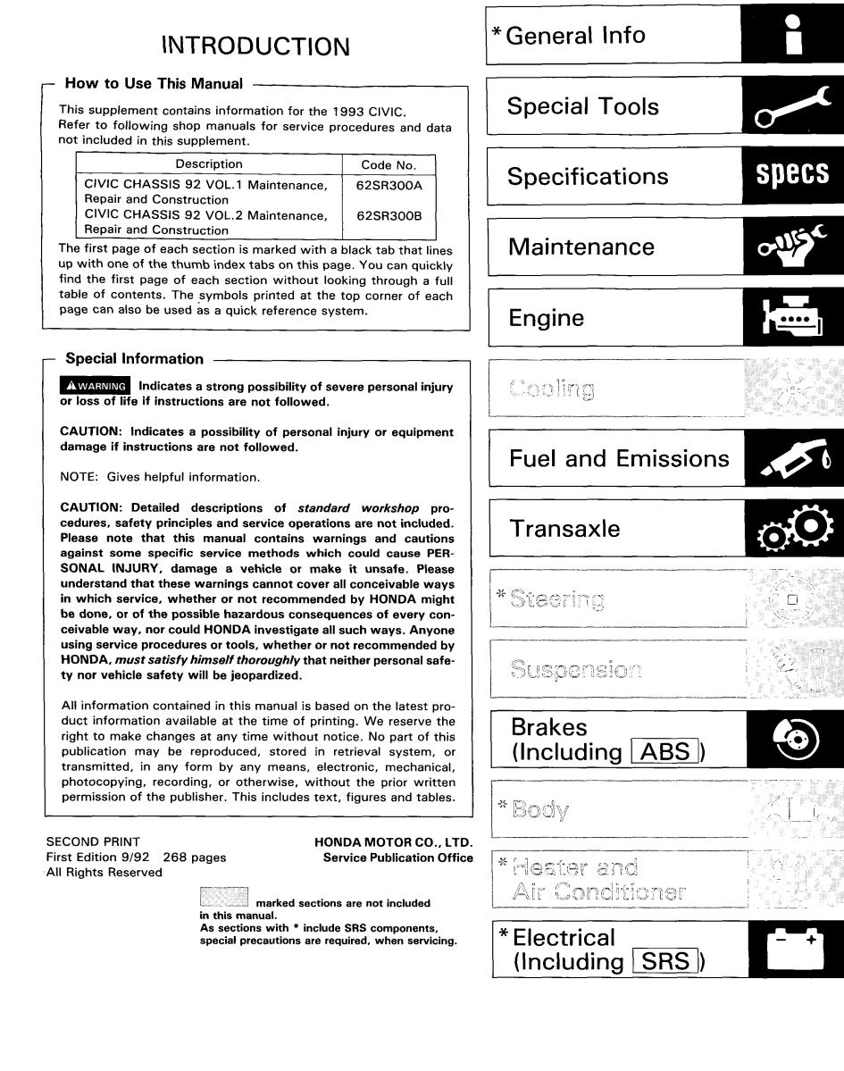 Honda Civic Hatchback 1993 Service Manual Supplement 62SR320