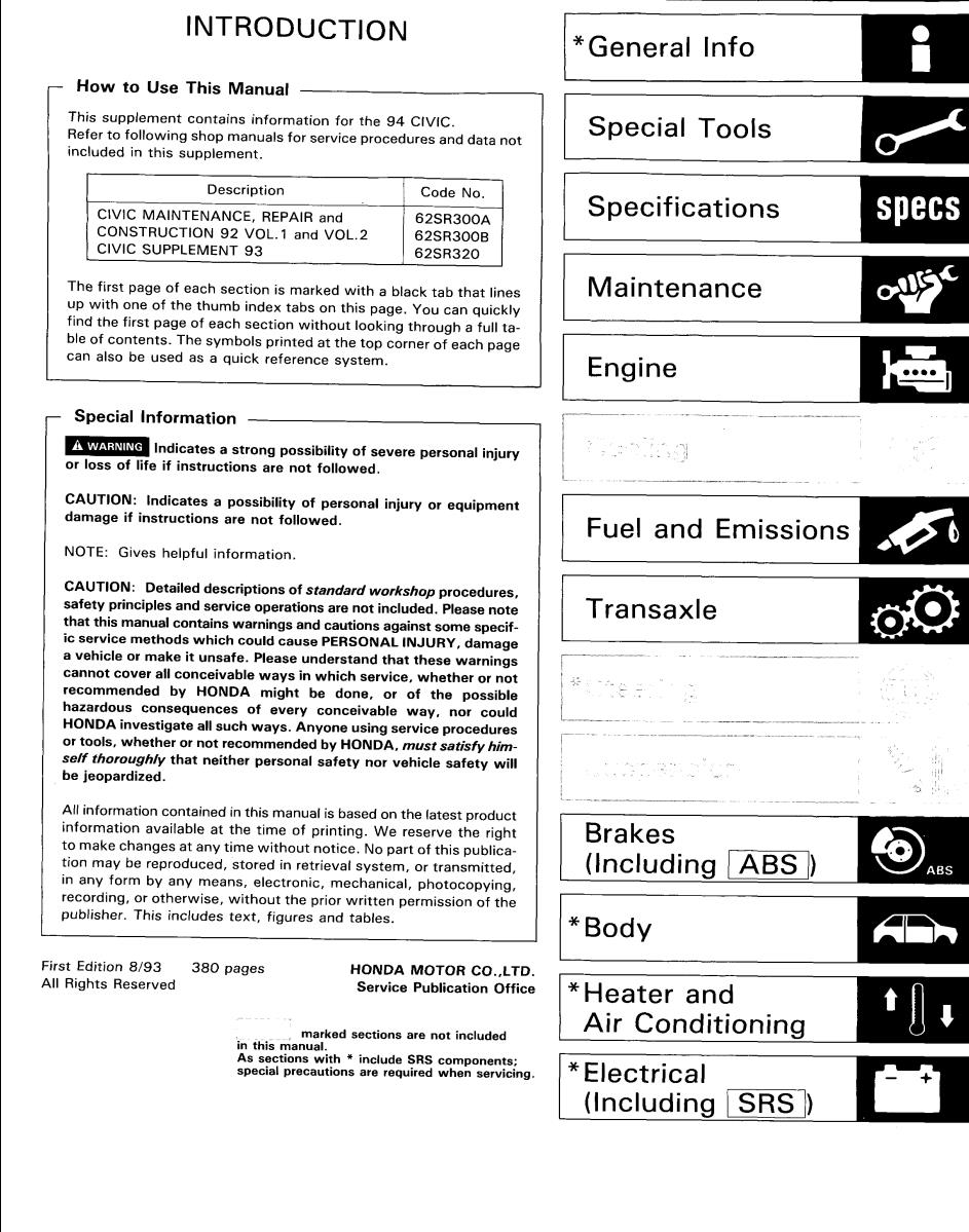 Honda Civic Hatchback 1994 Service Manual Supplement 62SR321