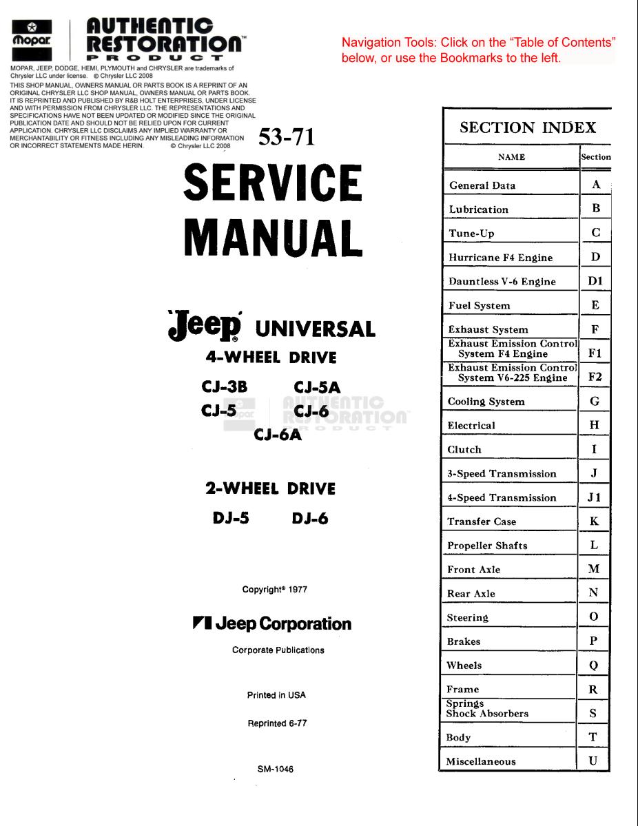 Jeep Universal CJ DJ 1953 - 1971 Service Manual