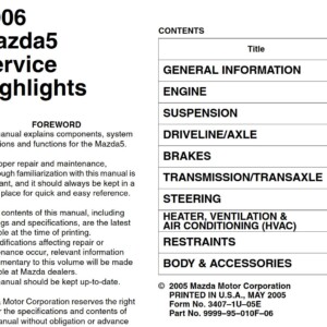 Mazda 5 2006 Service Highlights