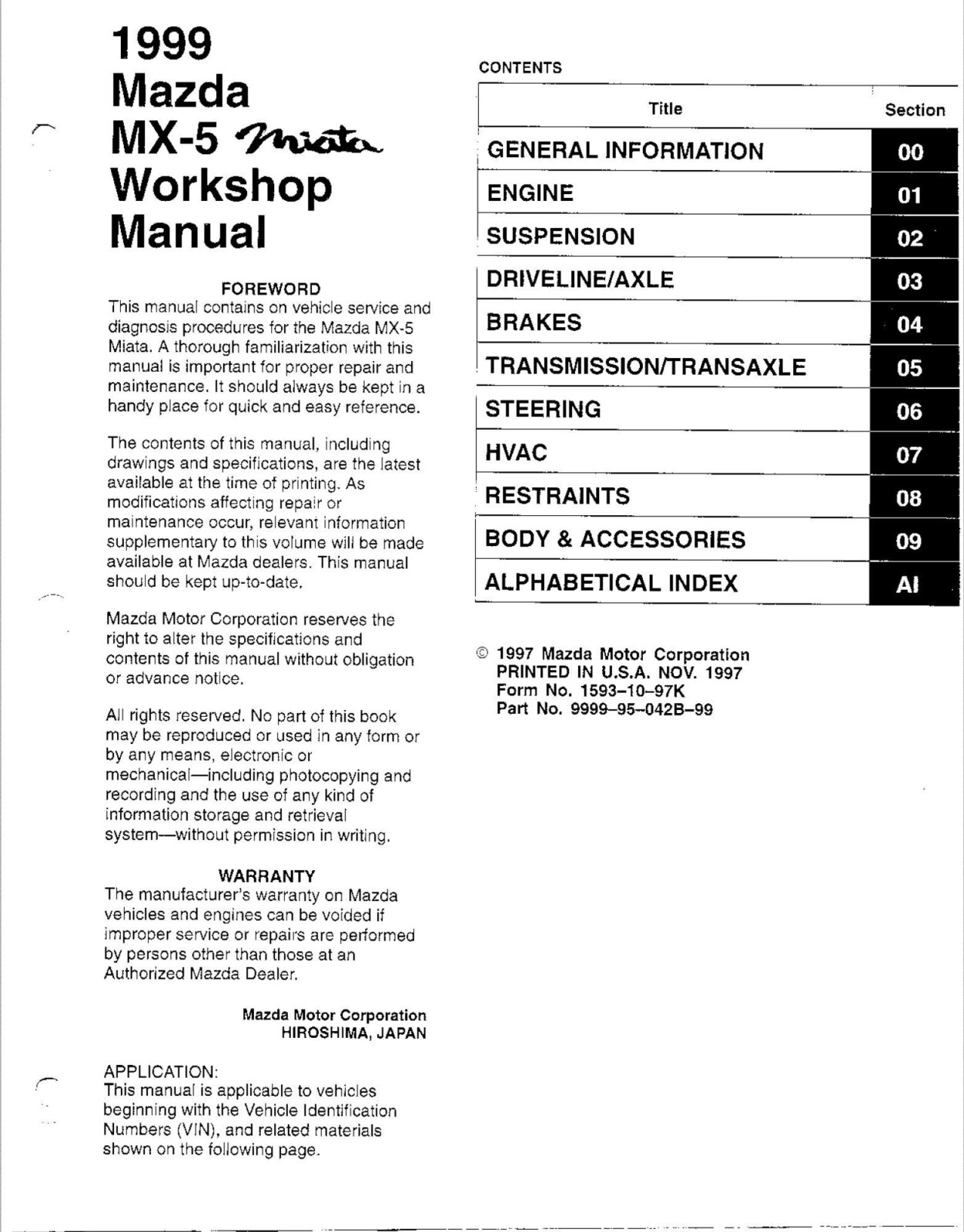 Mazda Mx-5 Miata 1999 Workshop Service Manual – PDF Download