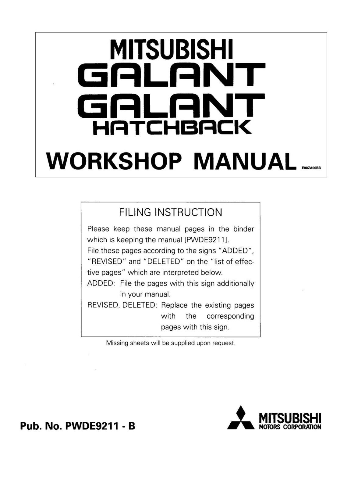 Mitsubishi Galant Hatchback 1993 Workshop Manual – PDF Download