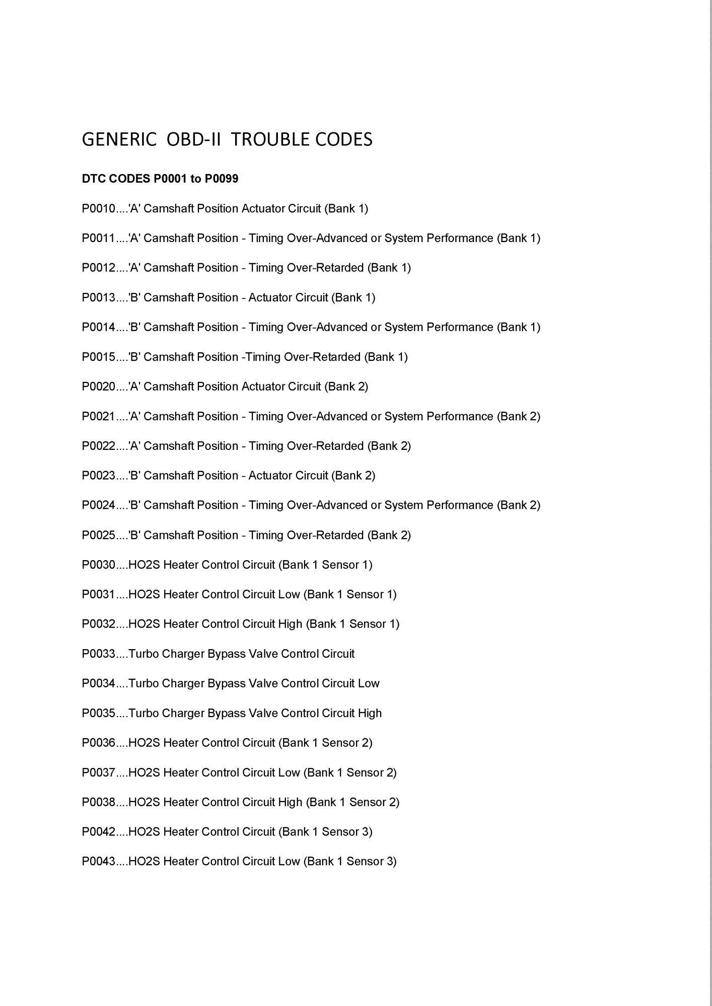 Mitsubishi GENERIC TROUBLE CODES
