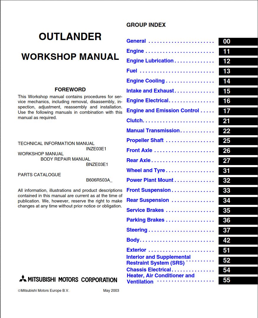Mitsubishi Outlander Workshop Manual May 2003