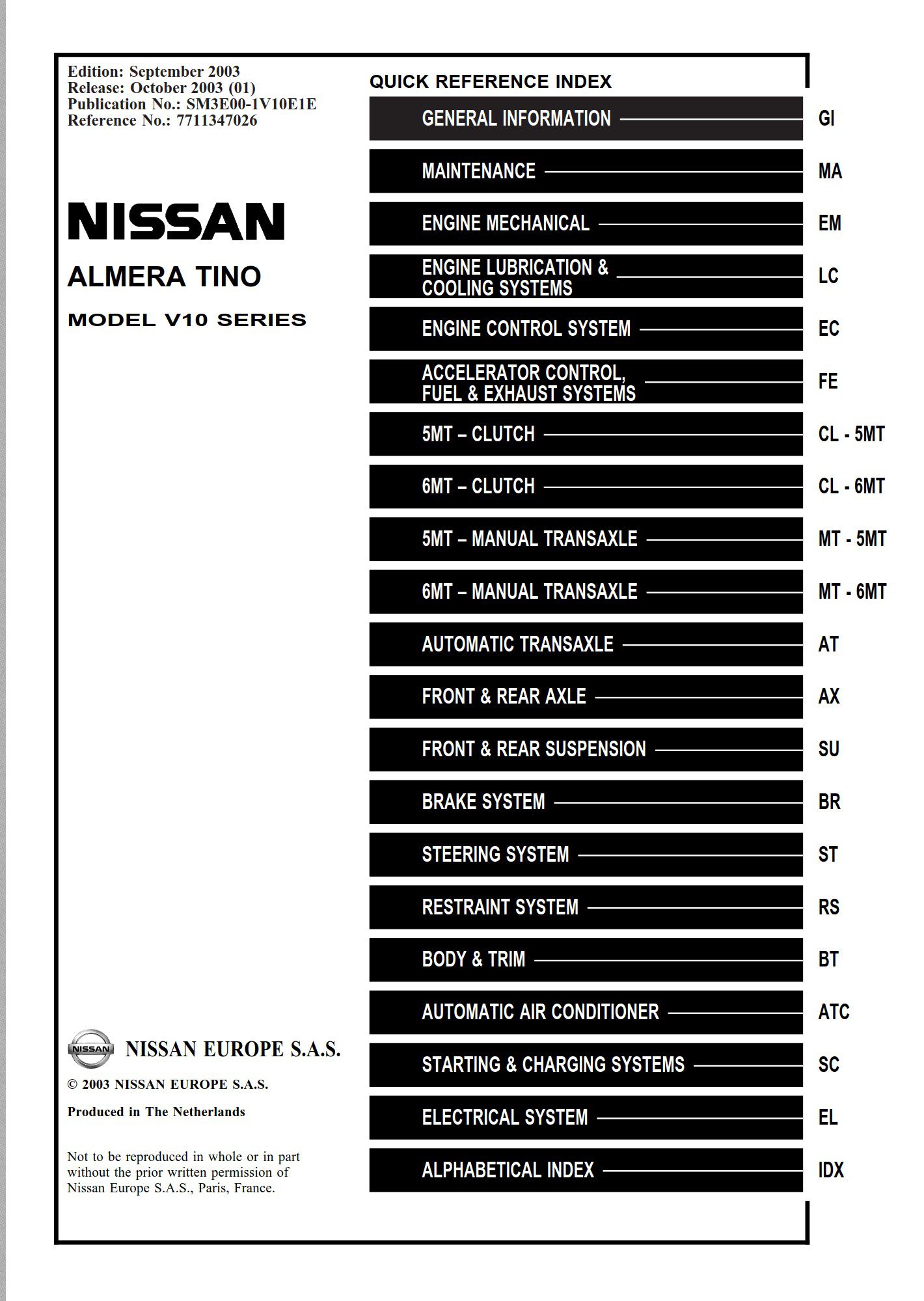 Nissan Almera Tino Model V10 Series Service Repair Manual