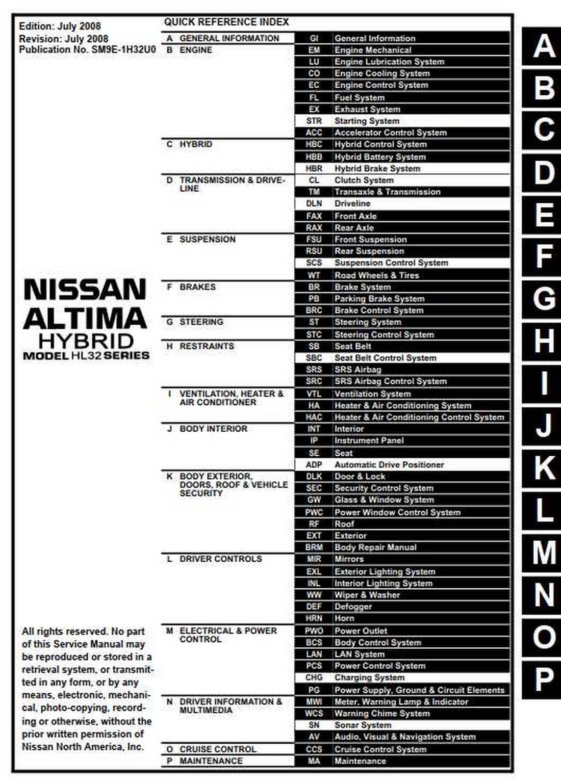 NISSAN ALTIMA HYBRID MODEL L32 SERIES 2009 SERVICE MANUAL (SM9E-1H32U0)