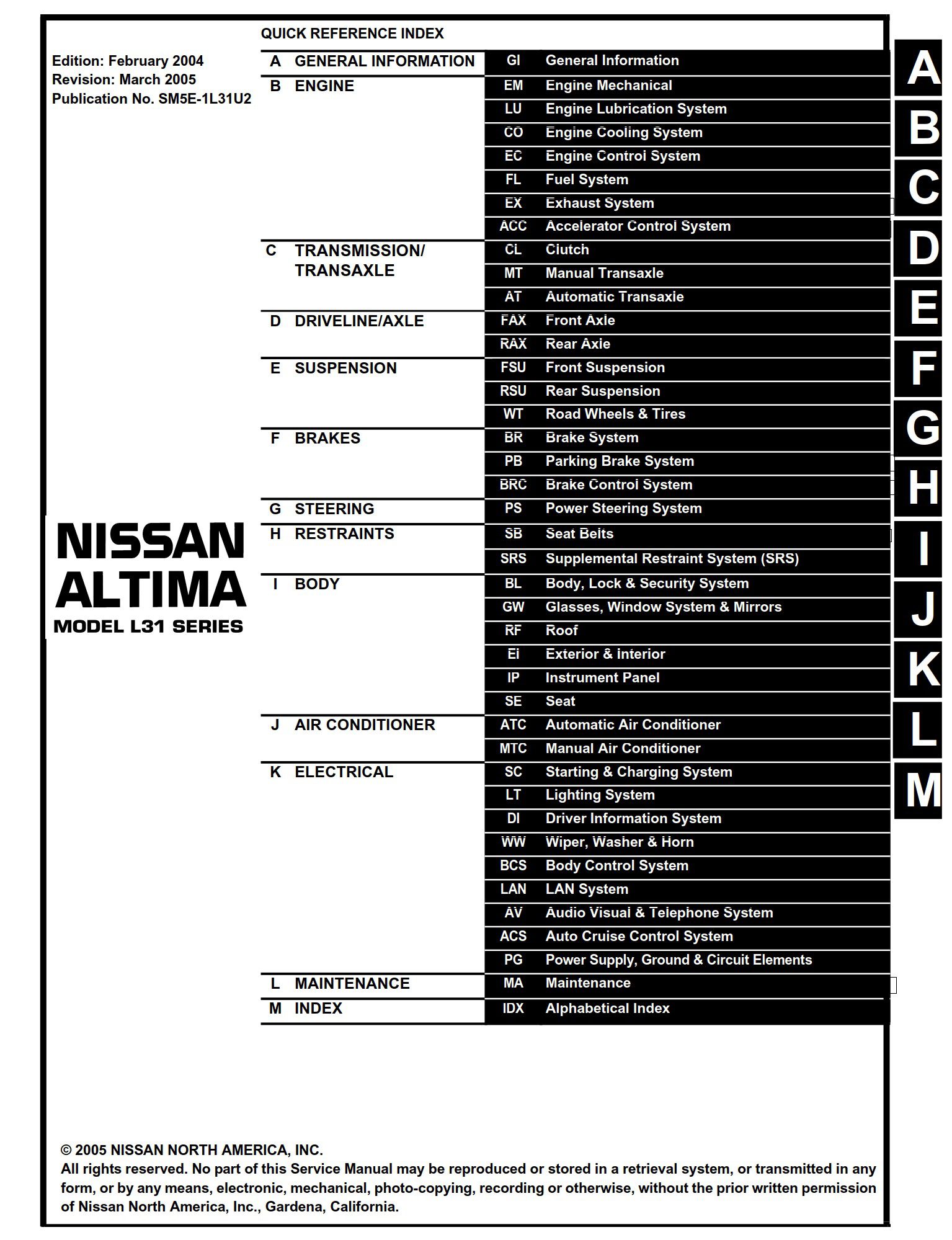 Nissan Altima Model L31 2004 - 2005 Factory Service Manual