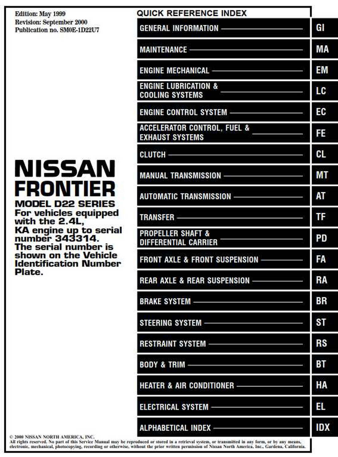 NISSAN FRONTIER MODEL D22 SERIES 2000 (KA24DE) SERVICE MANUAL