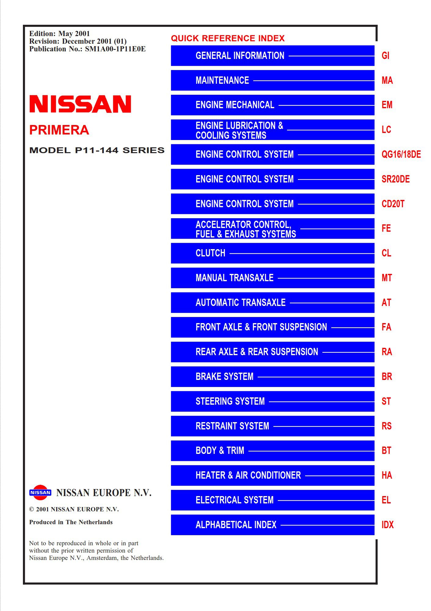 Nissan Primera Model P11 2001 Service Repair Manual