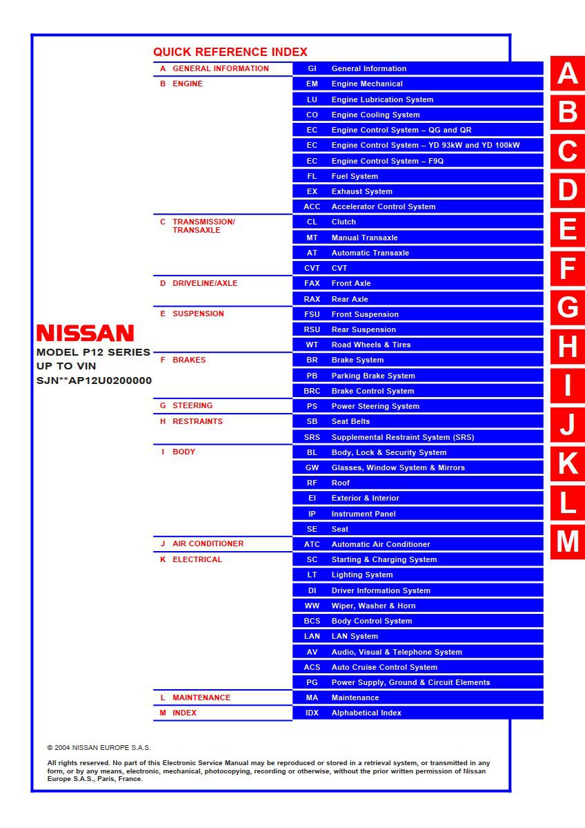 Nissan Primera P12 2001 - 2005 Electronic Service Manual