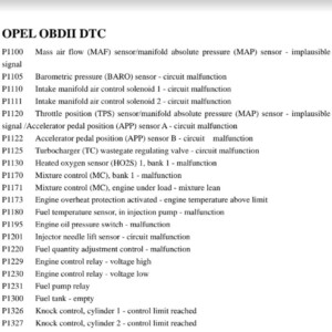 OPEL OBD II DTC Diagnostic Trouble Codes