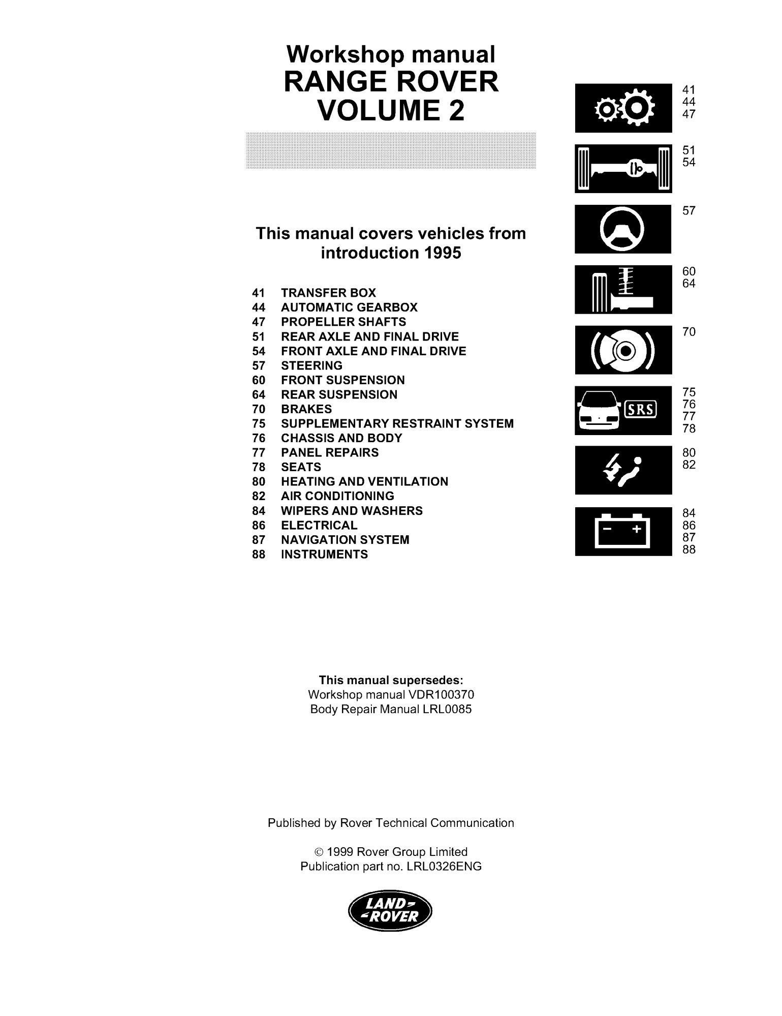 Range Rover P38 MY95 On Workshop Manual Volume 2 LRL0326ENG