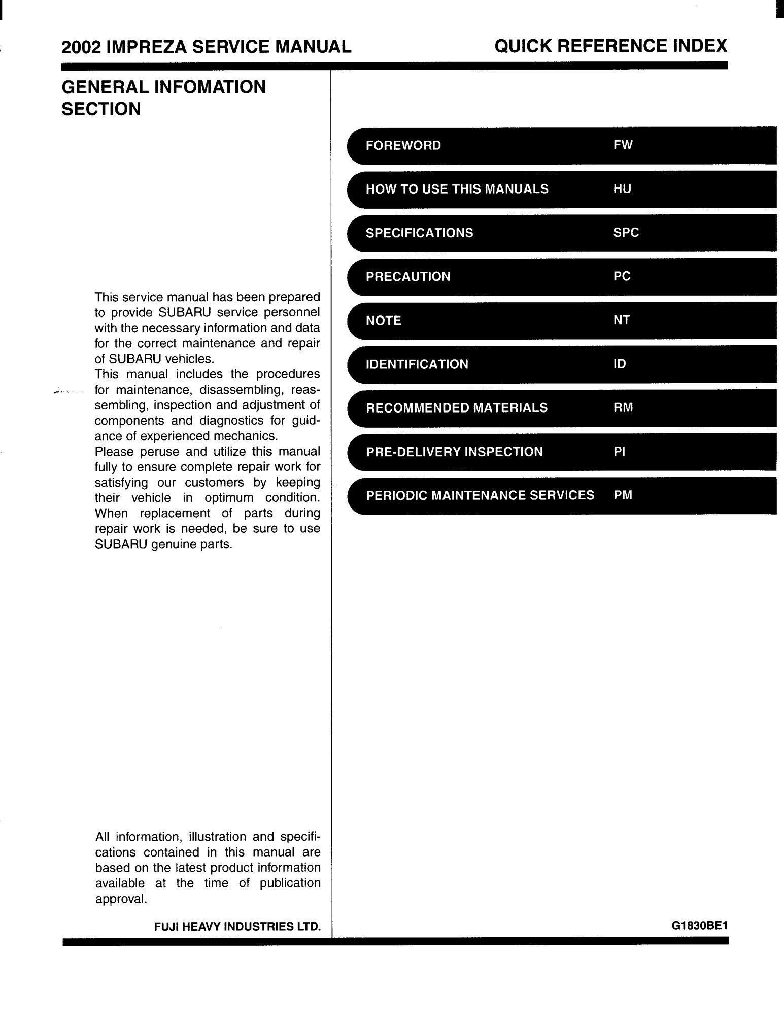 Subaru Impreza 2002 Service Repair Manual PDF for FREE