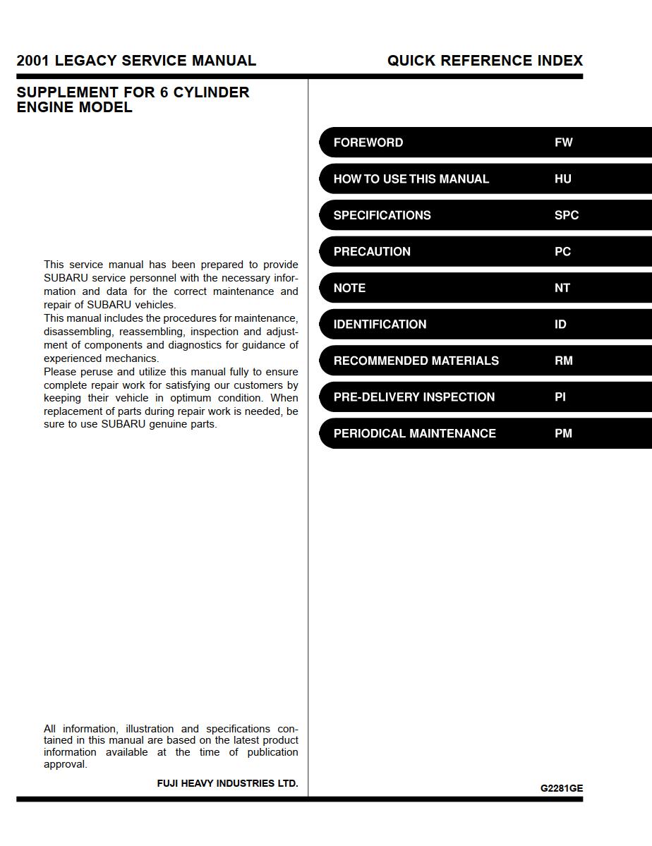 Subaru Legacy 2001 Service Manual Suppelement For 6 Cylinder Engine