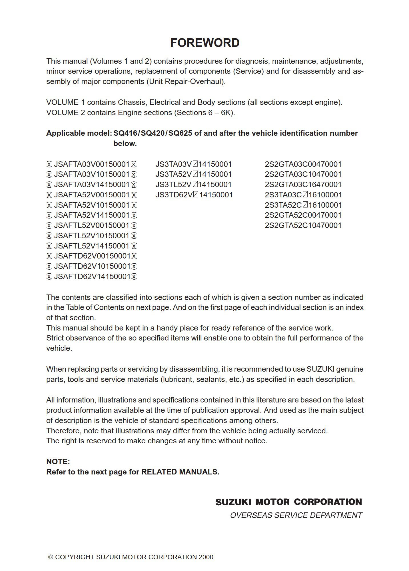 Suzuki 4×4 Models SQ416 SQ420 SQ625 Service Manual