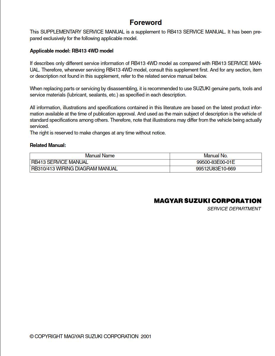 Suzuki RB413 4WD Model Service Manual 99501U83E00-01E