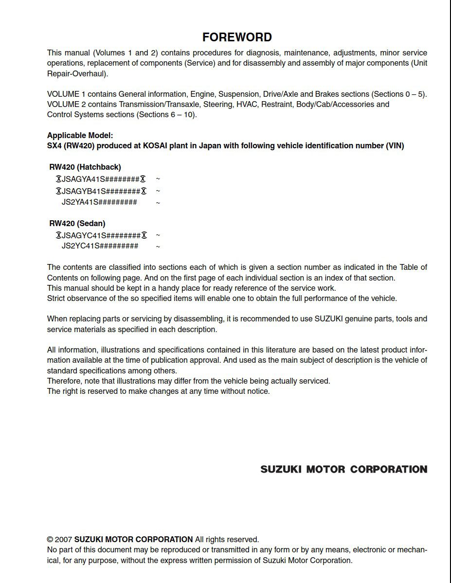 Suzuki SX4 RW415 RW416 Workshop Service Repair Manual