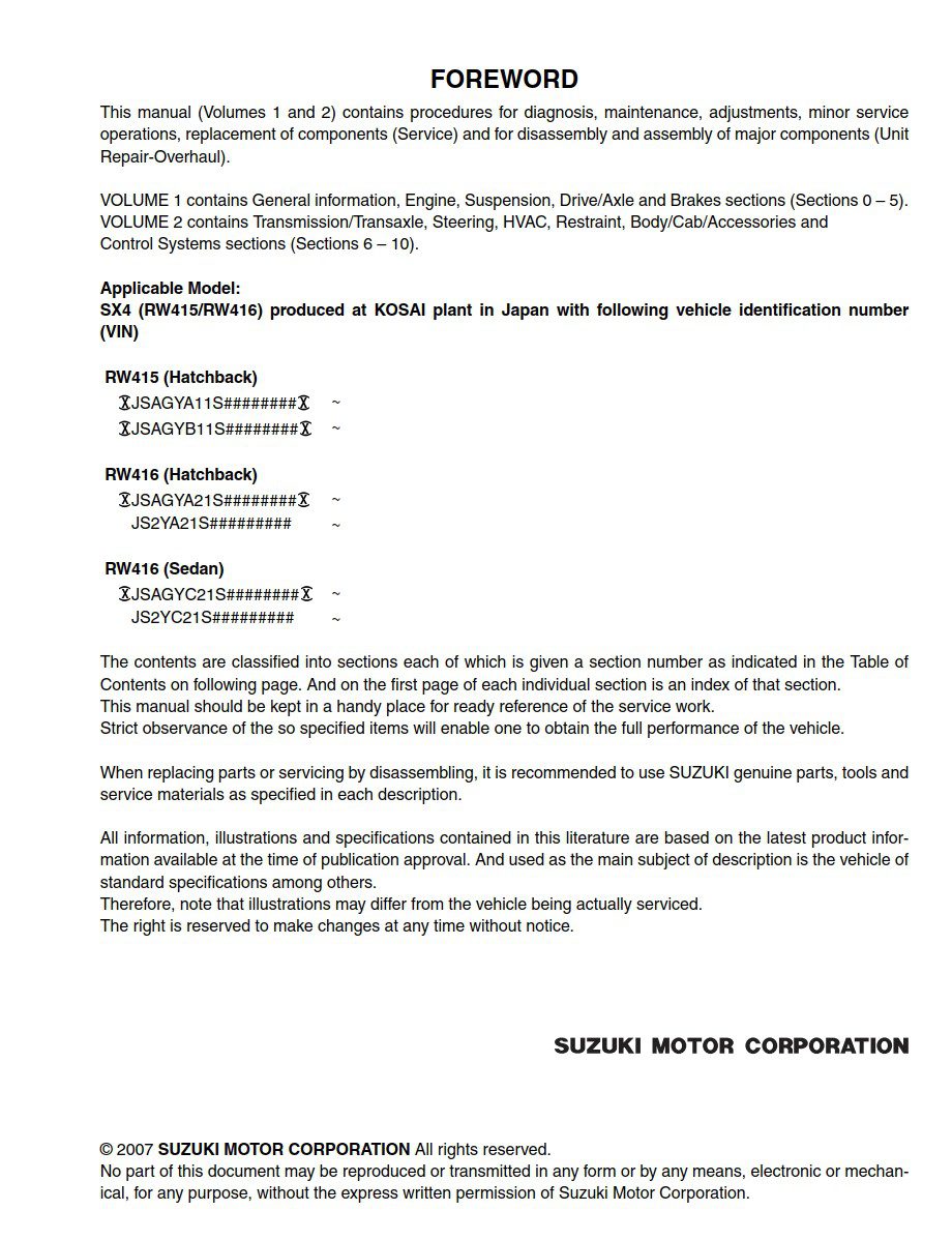 Suzuki SX4 RW420 Workshop Service Repair Manual