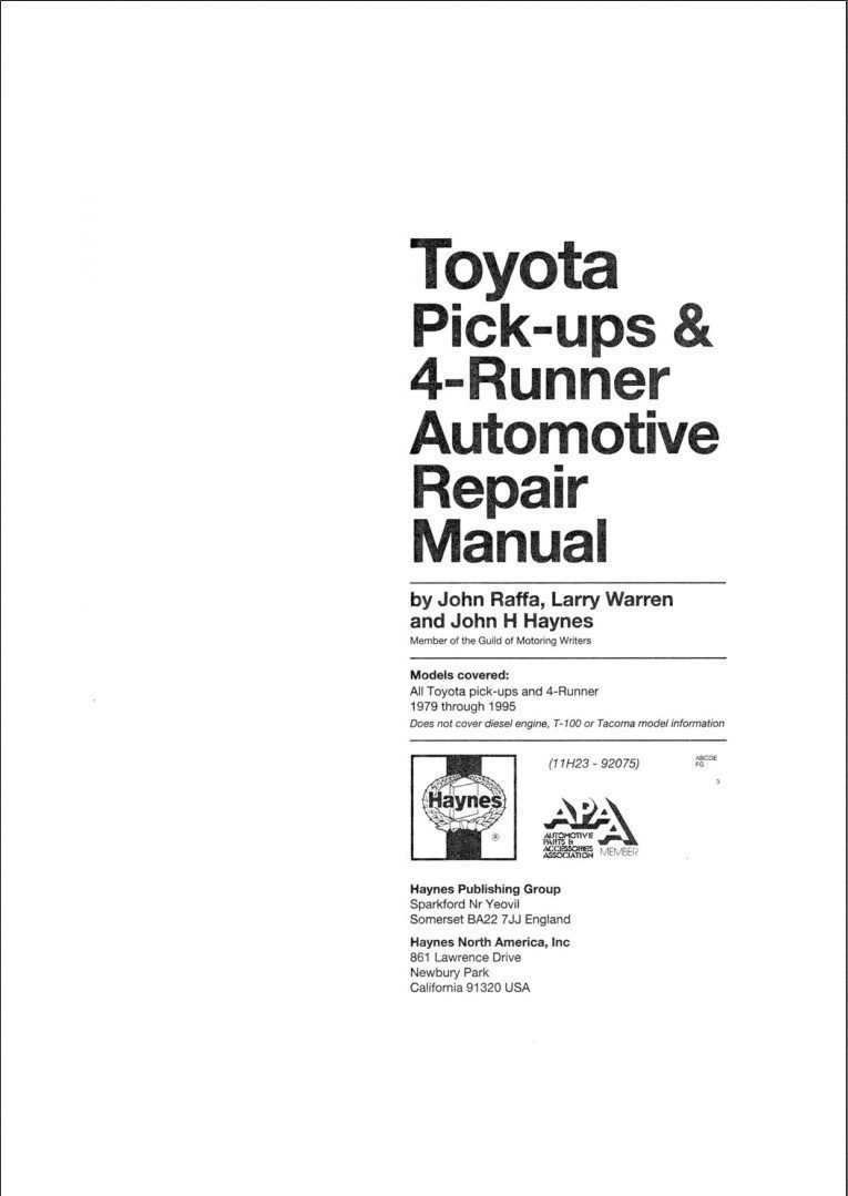 Toyota 4Runner 1984 - 1995 Haynes Service Repair Manual