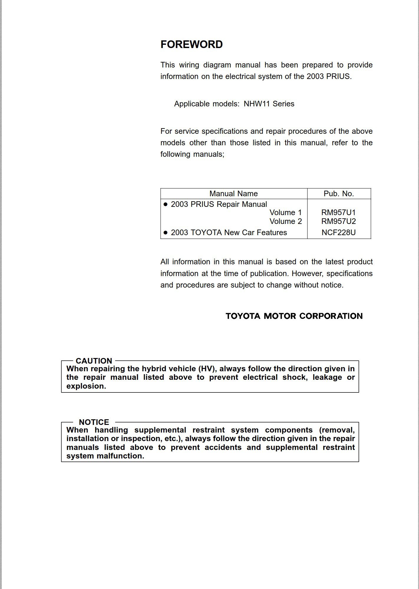 Toyota Prius NHW20 series 2003 - 2008 Service Repair Manual
