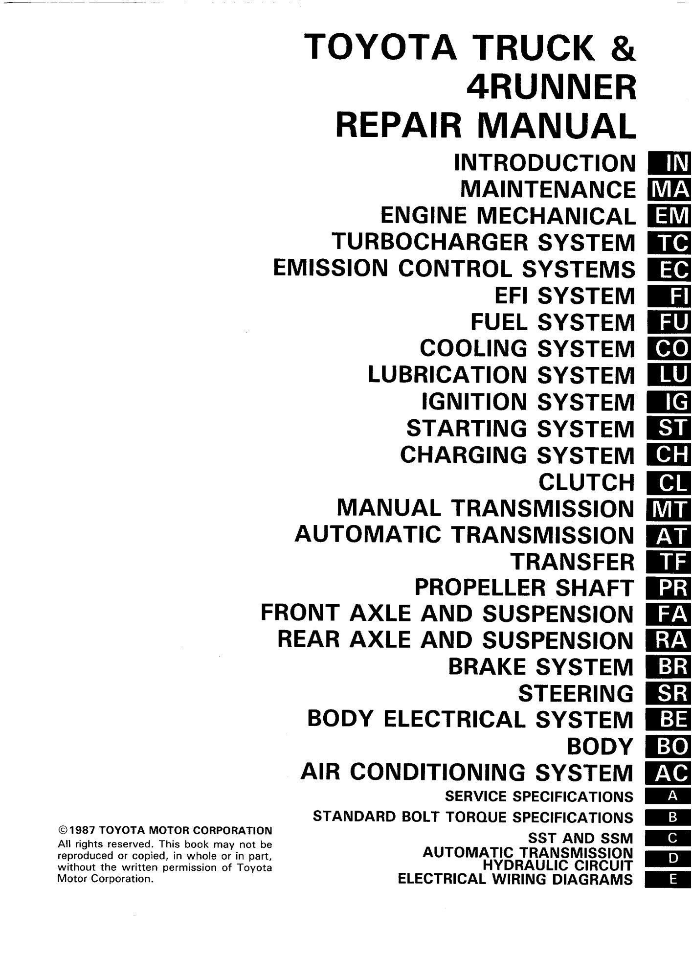 Toyota TRUCK 4Runner 1986 - 1989 Service Repair Manual