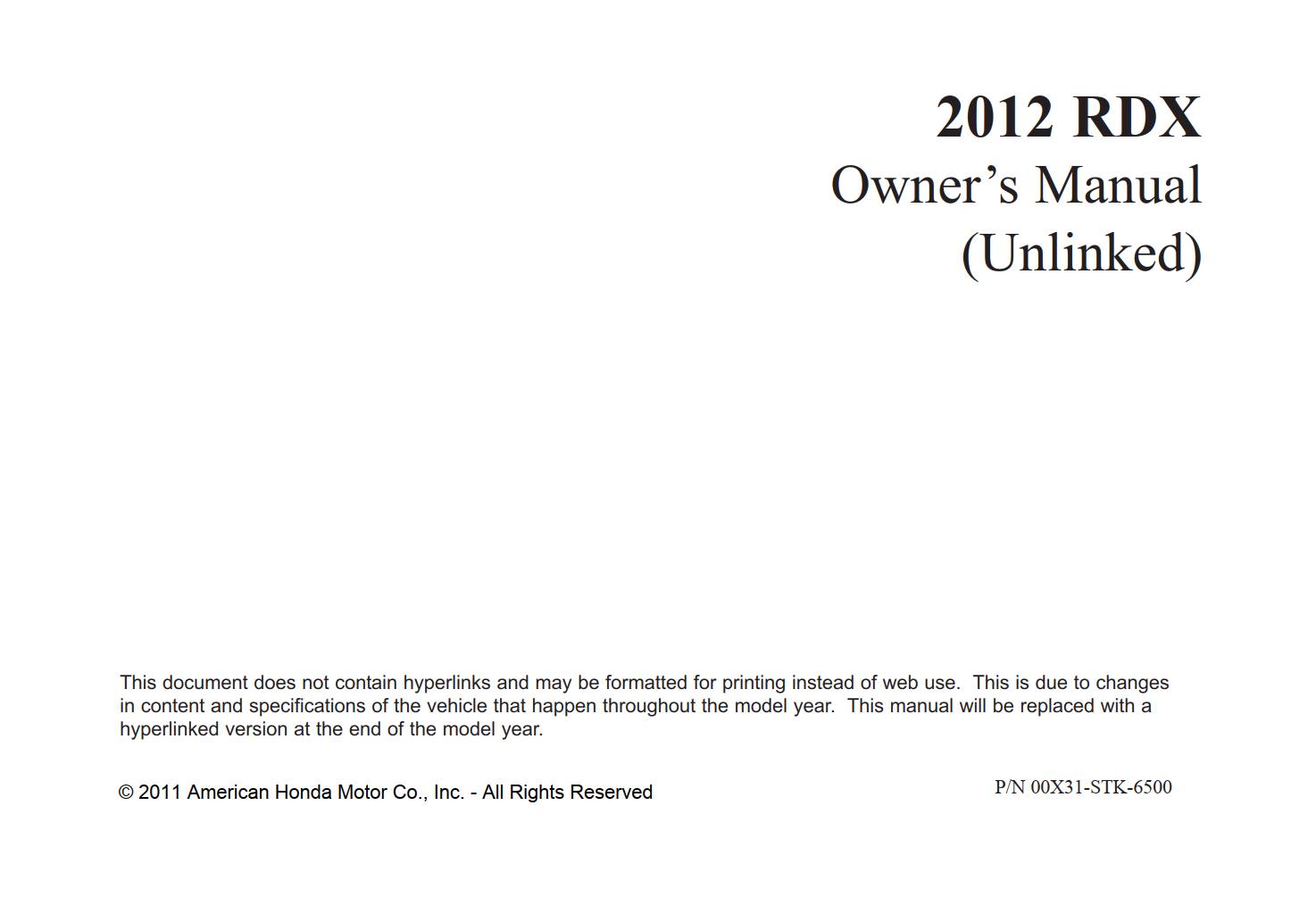 Acura Rdx 2012 Owner’s Manual PDF for FREE