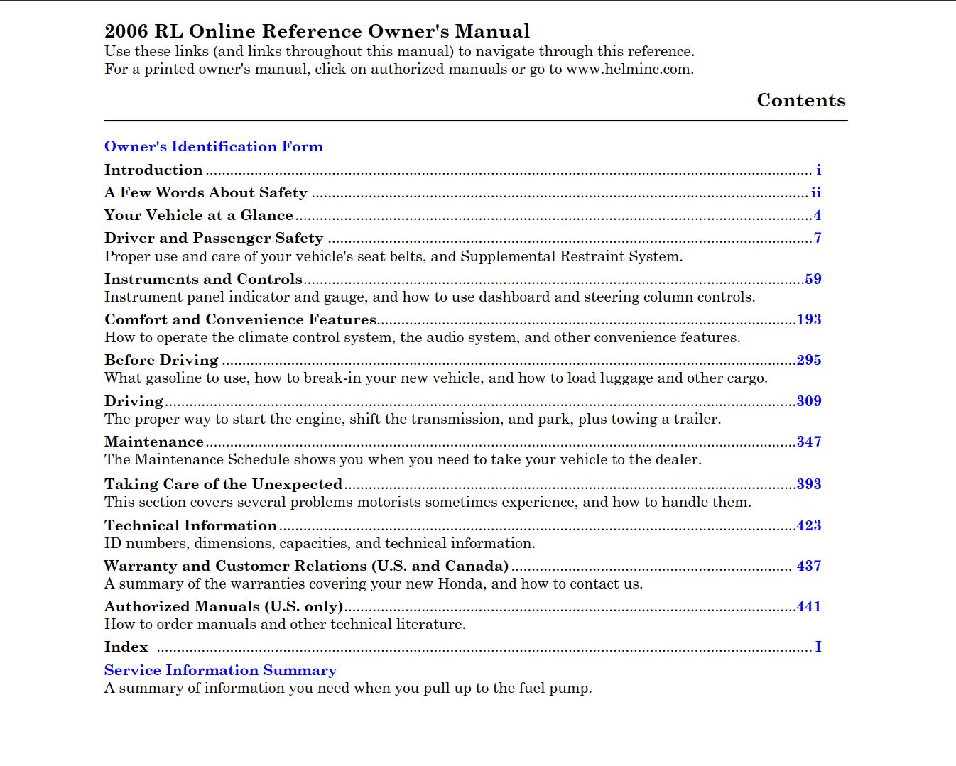 Acura RL 2006 Owner's Manual