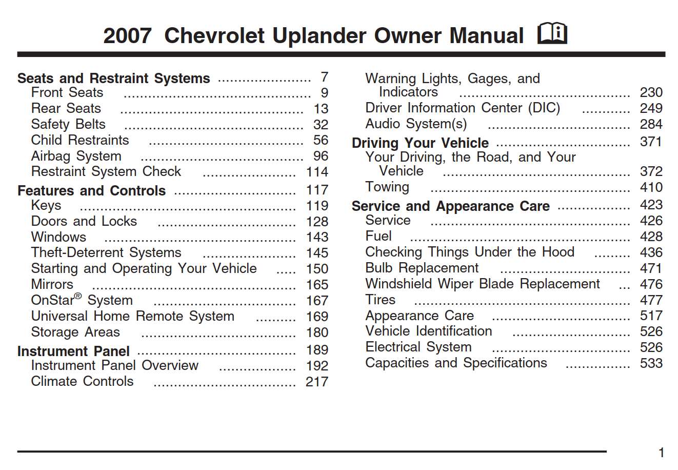 Chevrolet Uplander 2007 Owner's Manual