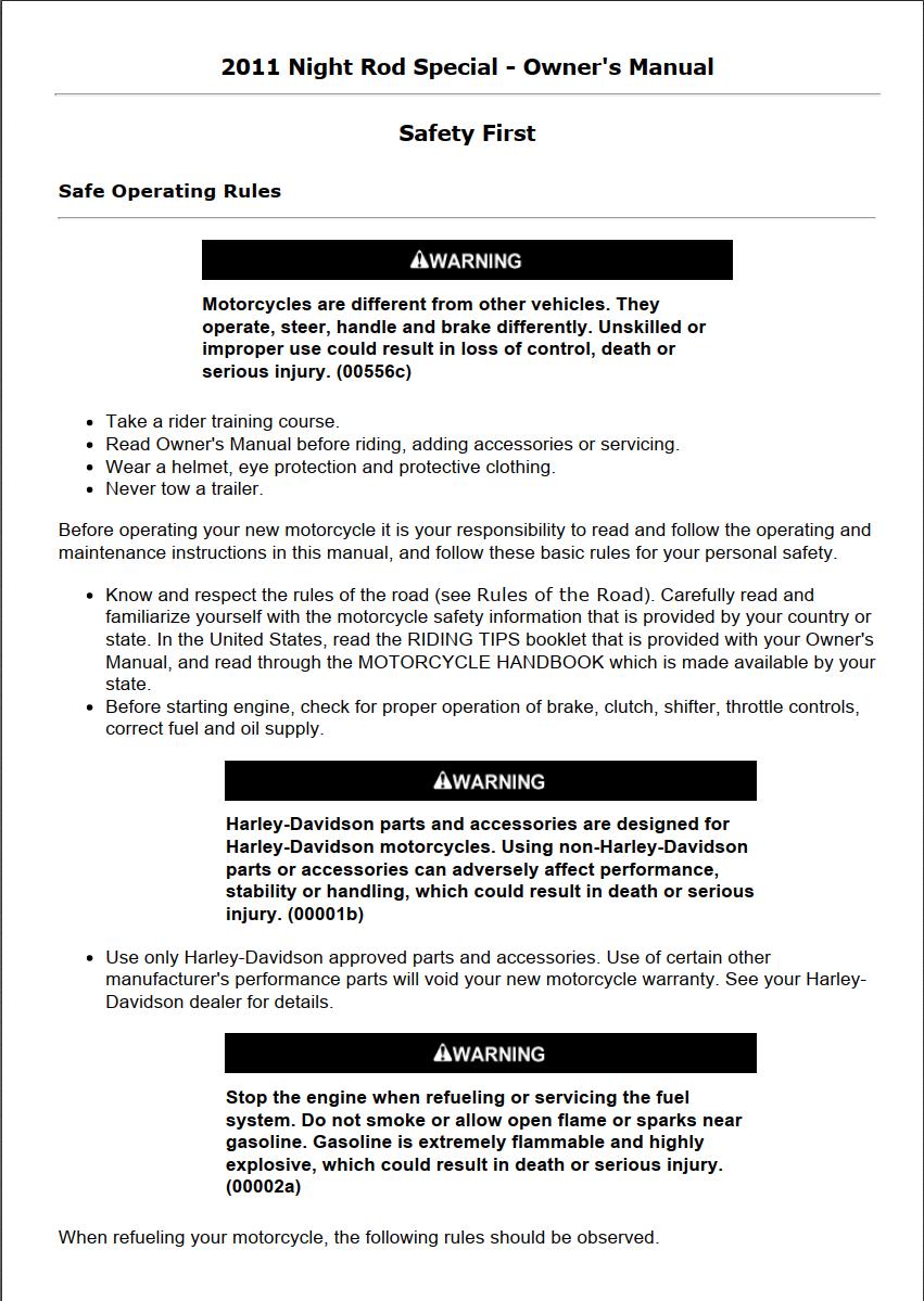Harley-Davidson Night Rod Special 2011 Owner’s Manual