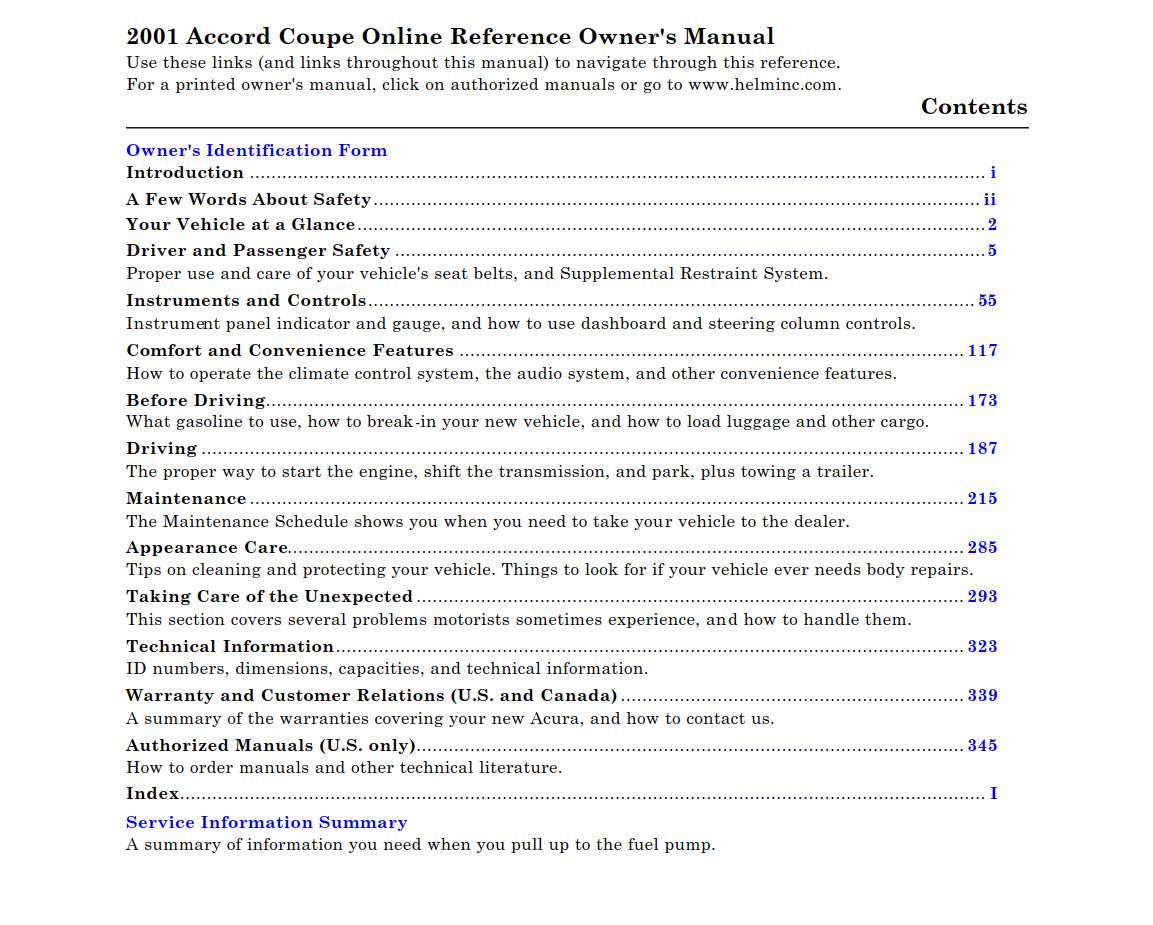 Honda Accord Coupe 2001 Owner's Manual