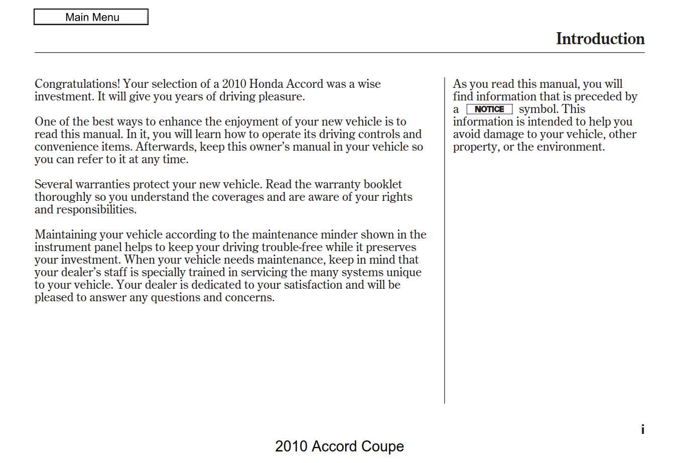 Honda Accord Coupe 2010 Owner's Manual