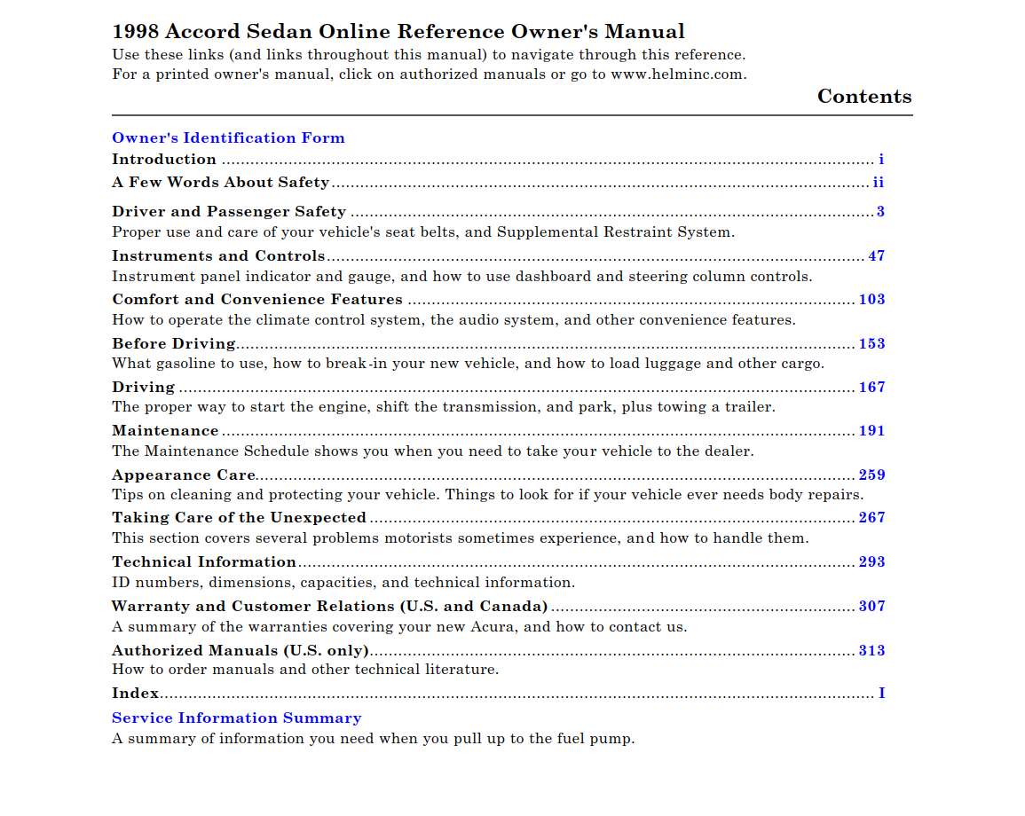Honda Accord Sedan 1998 Owner's Manual