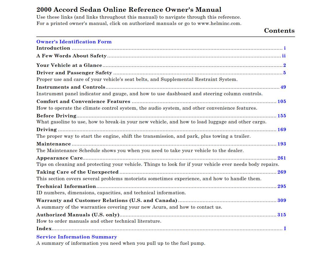 Honda Accord Sedan 2000 Owner's Manual