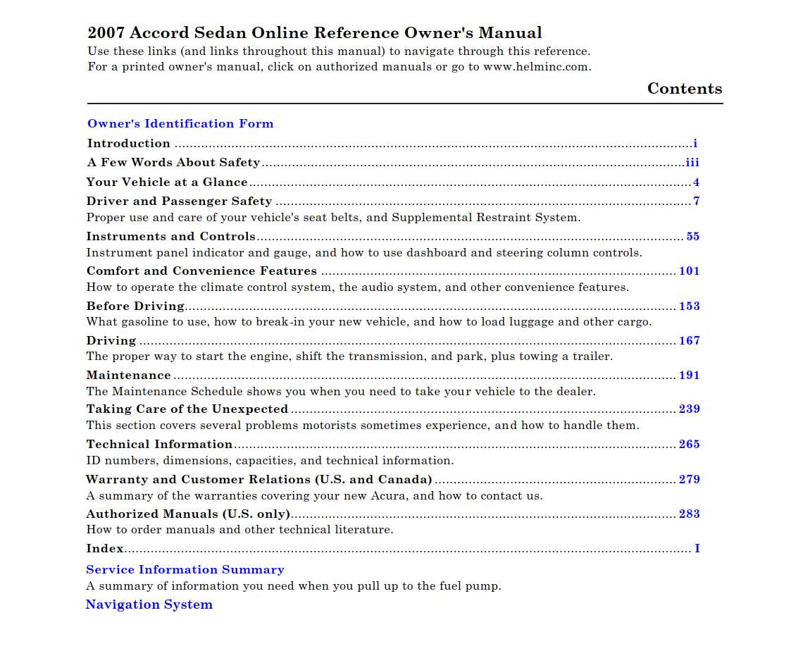Honda Accord Sedan 2007 Owner's Manual